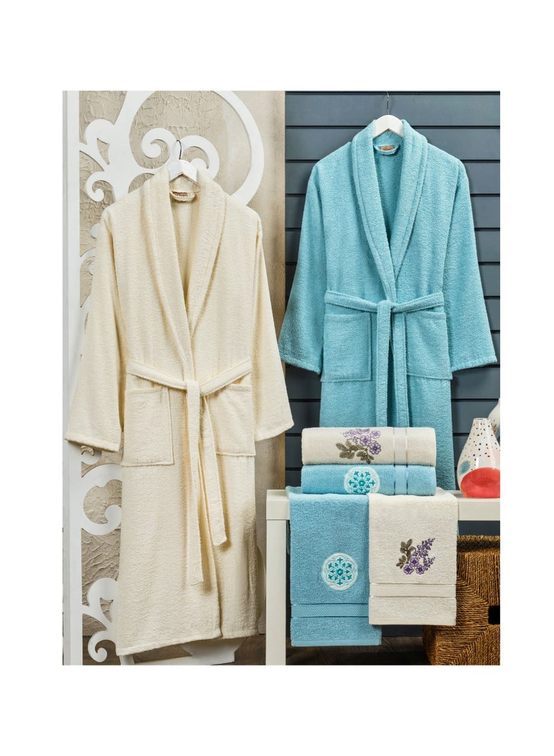 6-Piece Turkish Terry Cotton Couple Bathrobe Set Bridal Shower Gift Set with Matching Bath Towels and Hand Towels in Gift Box Cyan Blue/Off White