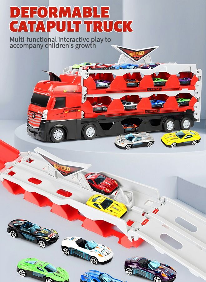 Car Transporter Truck Toy Set, Mega Hauler Truck with Ejection Race Track Storage Carrier and 8PCS Metal Racing Car Model,Toy Truck,Children's Toy Car