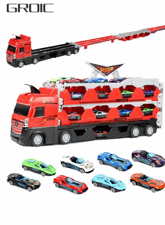 Car Transporter Truck Toy Set, Mega Hauler Truck with Ejection Race Track Storage Carrier and 8PCS Metal Racing Car Model,Toy Truck,Children's Toy Car