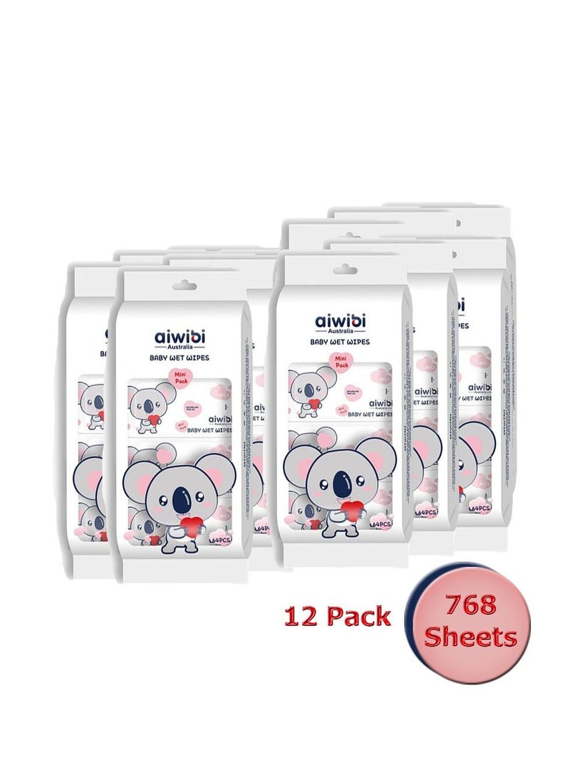 Portable mini Pack Baby Wet Wipes Soft Care Anti Bacterial 100% Soap Free 12x64 Sheets - 12Pack