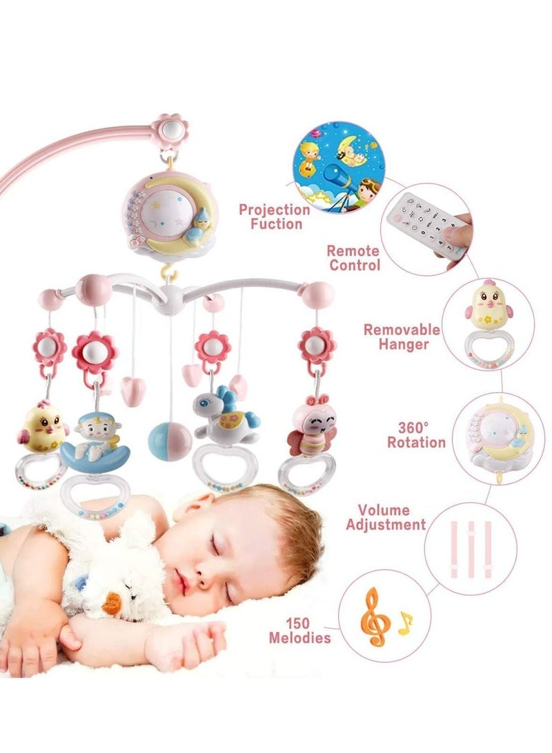 DMG Baby Crib Mobile Toy, Musical with Projector and Night Light, Hanging Rotating Animals Rattles, With 150 Music Timing Function, Uitable Suitable for Newborn Boys(pink)