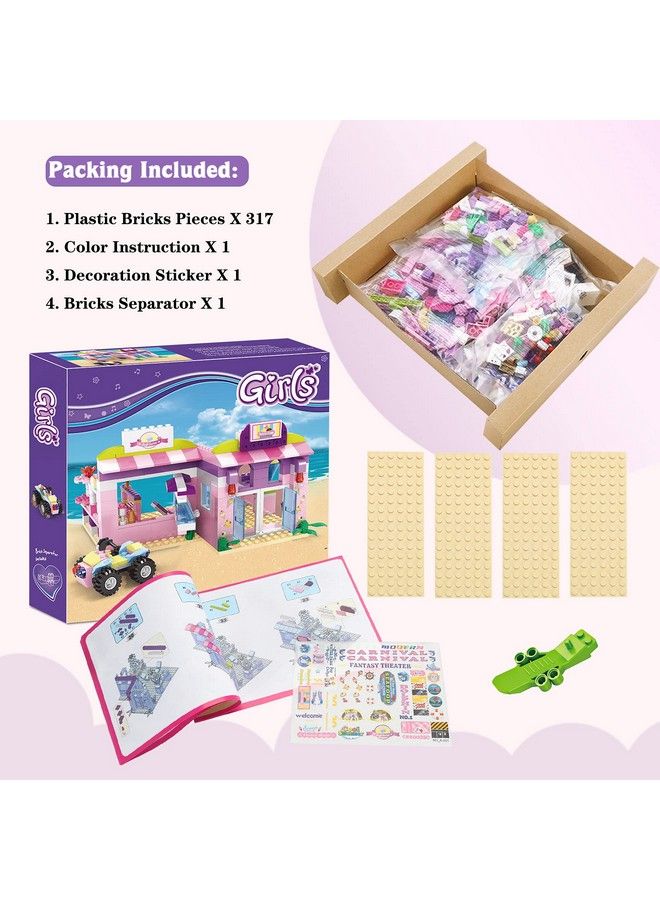 Girls Ice Cream Shop Building Set Pink Beach Ice Cream Dessert Store Building Blocks Toys With Beach Buggy Creative Summer Holiday Toys Gifts For Kids Friends 612 Years And Up 317 Pieces