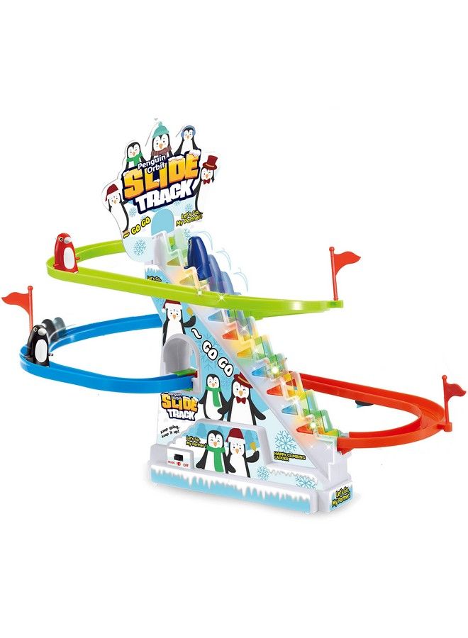 Musical Penguin Orbit Chasing Race Track Game Set Playful Roller Coaster Playset With Led Flashing Lights And Music On/Off Button For Toddlers And Kids