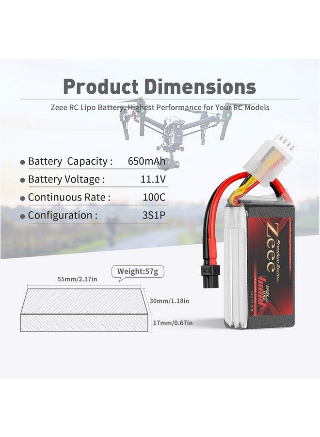 Premium Series 11.1V 3S Lipo Battery 100C 650Mah With Xt30 Plug For Fpv Racing Drone Quadcopter Helicopter Airplane Rc Boat Rc Car Rc Models(2 Pack)