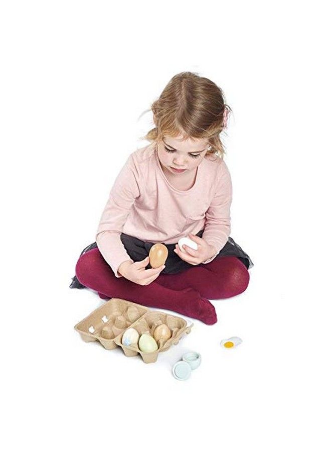 Wooden Eggs 7 Pieces Pretend Food Play Eggs Shopping Game Accessories With Authentic Egg Carton Solid Wood Cute Toy For Children 3+