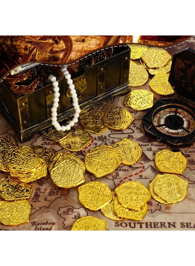 100 Pcs Pirate Coins Plastic Gold Coins Kids Fake Play Coins Replica Spanish Doubloons St. Patrick Coin For Pirate Party Treasure Chest Board Games Tokens Toys Cosplay Gold