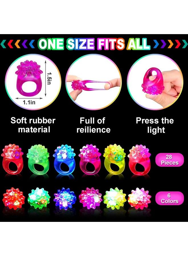 28Pcs Light Up Rings Flashing Colorful Led Rubber Bumpy Jelly Rings Glow In Dark Finger Toys For Party Supplies Kids Prizes Novelty Gifts Party Bag Filler