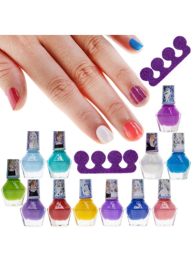 Disney Frozen Nontoxic Peeloff Waterbased Safe Quick Dry Nail Polish Gift Kit Set For Kids Girls Set With Bonus Nail Separators 12 Pcs (All Solid Colors)