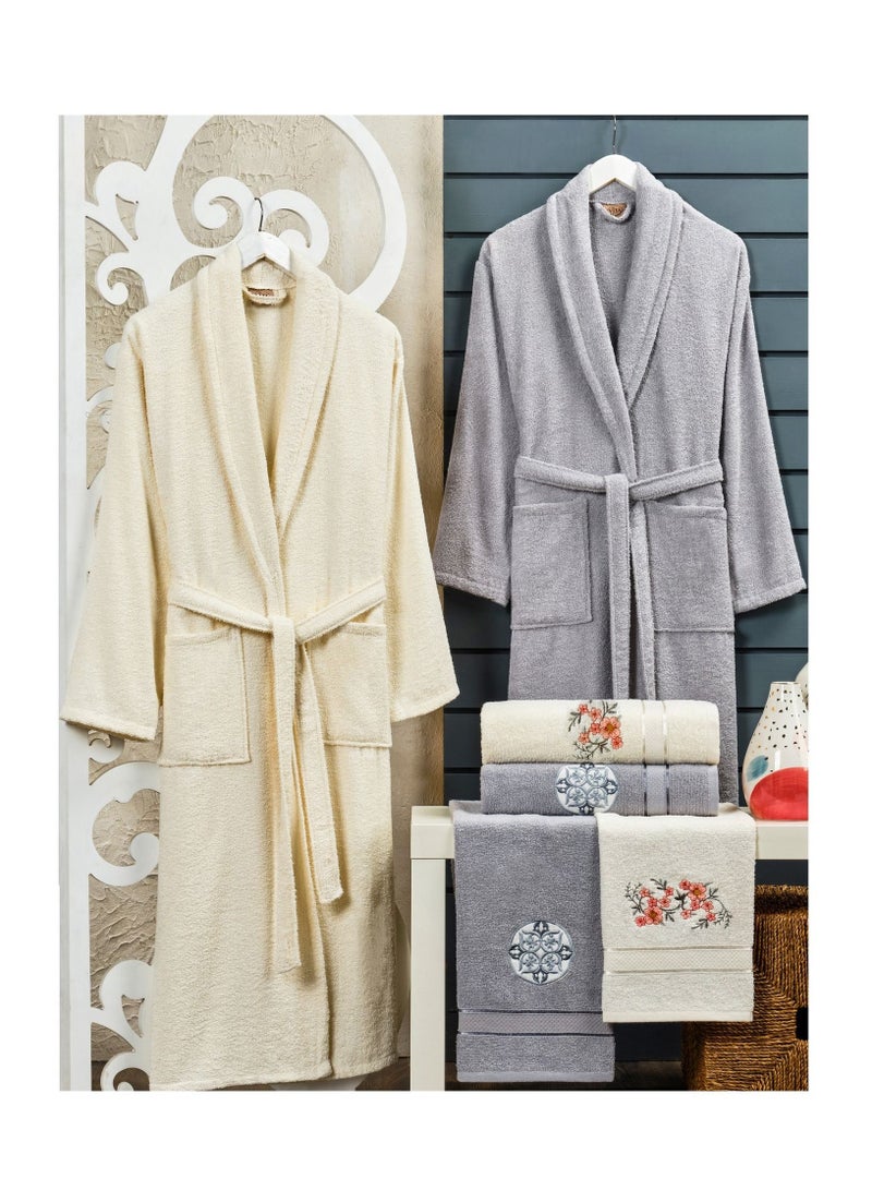 6-Piece Turkish Terry Cotton Couple Bathrobe Set Bridal Shower Gift Set with Matching Bath Towels and Hand Towels in Gift Box Grey/Off White