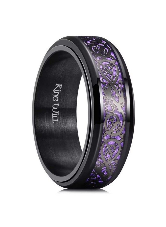Mens Spinner 8Mm Stainless Steel Ring Anxiety Fidget Ring Black Celtic Dragon Purple Carbon Fiber Inlay Fidget Wedding Ring 7
