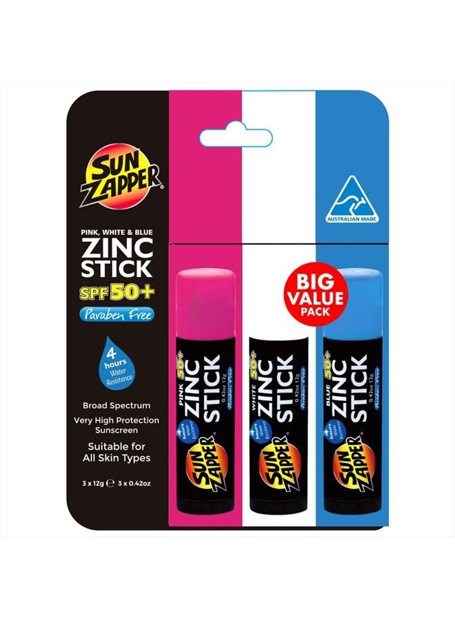 Zinc Oxide Sunscreen - Pink, White & Blue - SPF 50+ Very High Sun Protection Waterproof Sunblock for Face & Body, Adults, Kids, Baby - Travel Stick