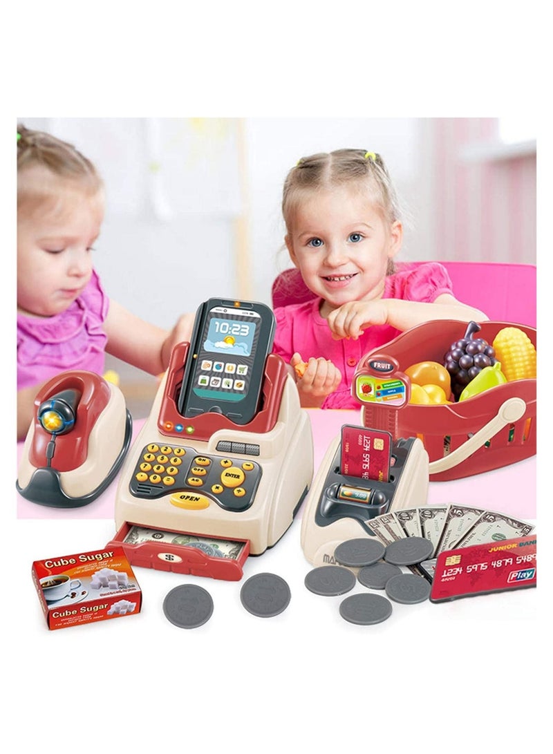 Cash Register for Kids, Kids Cashier with Checkout Scanner, Pretend Play Toy, Fruit Card Reader, Money and Grocery Food Set, Educational Toy Boys & Girls Gifts Toddlers