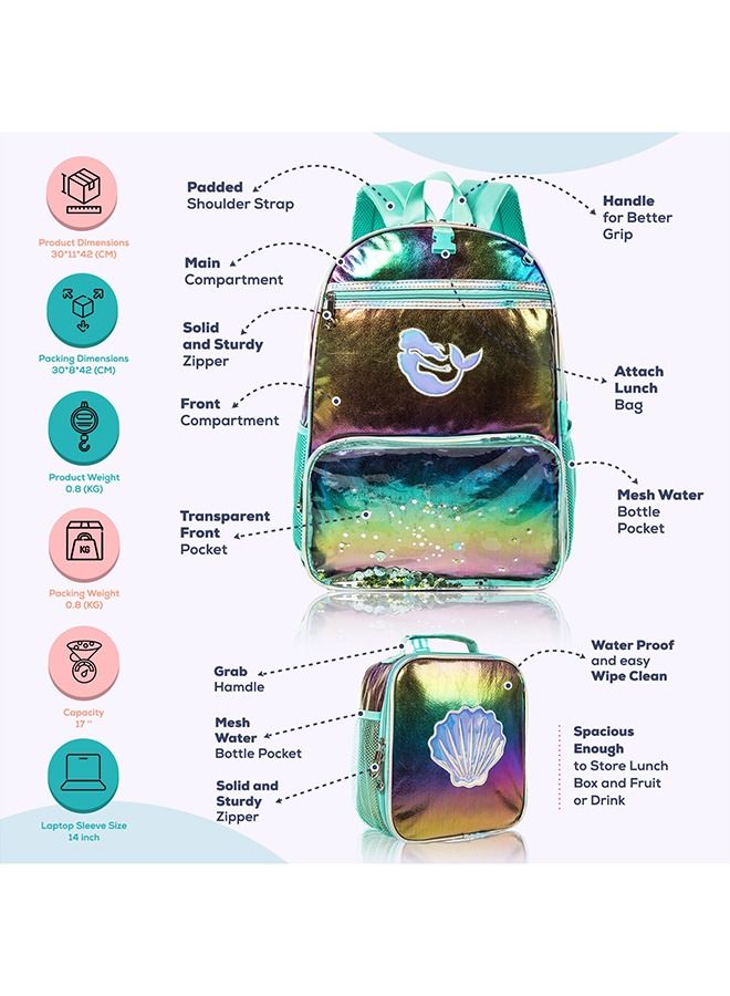 17 School Bag Lunch Bag Pencil Case Set of 3 Mermaid Shell