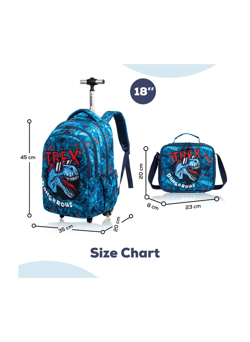 18inch Set of 3 School Bag Lunch Bag & Pencil Case Trex Dinosaur w/ Trolley Blue