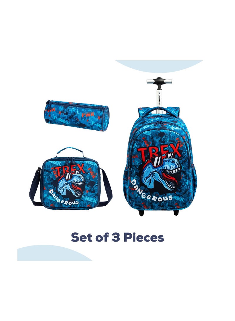 18inch Set of 3 School Bag Lunch Bag & Pencil Case Trex Dinosaur w/ Trolley Blue