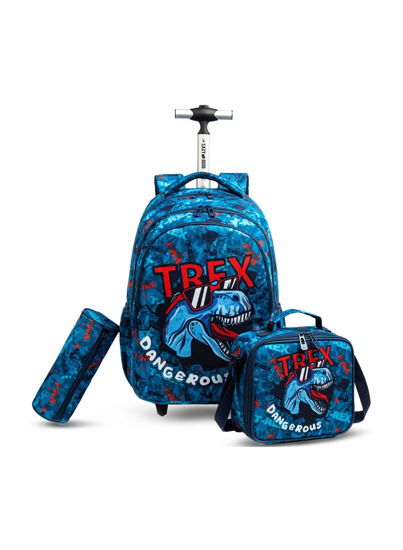 18inch Set of 3 School Bag Lunch Bag & Pencil Case Trex Dinosaur w/ Trolley Blue