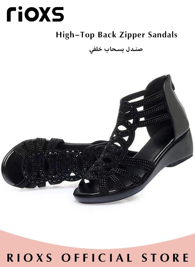 Women's Fashion Rhinestone Strappy Black Sandals, Fish Mouth Hollow Roman Shoes, Back Zipper Sandals with Soft PU Leather Upper and Non-Slip Outsole, Perfect for Casual Wear or Special Occasions