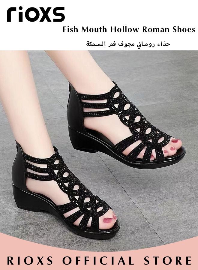 Women's Fashion Rhinestone Strappy Black Sandals, Fish Mouth Hollow Roman Shoes, Back Zipper Sandals with Soft PU Leather Upper and Non-Slip Outsole, Perfect for Casual Wear or Special Occasions