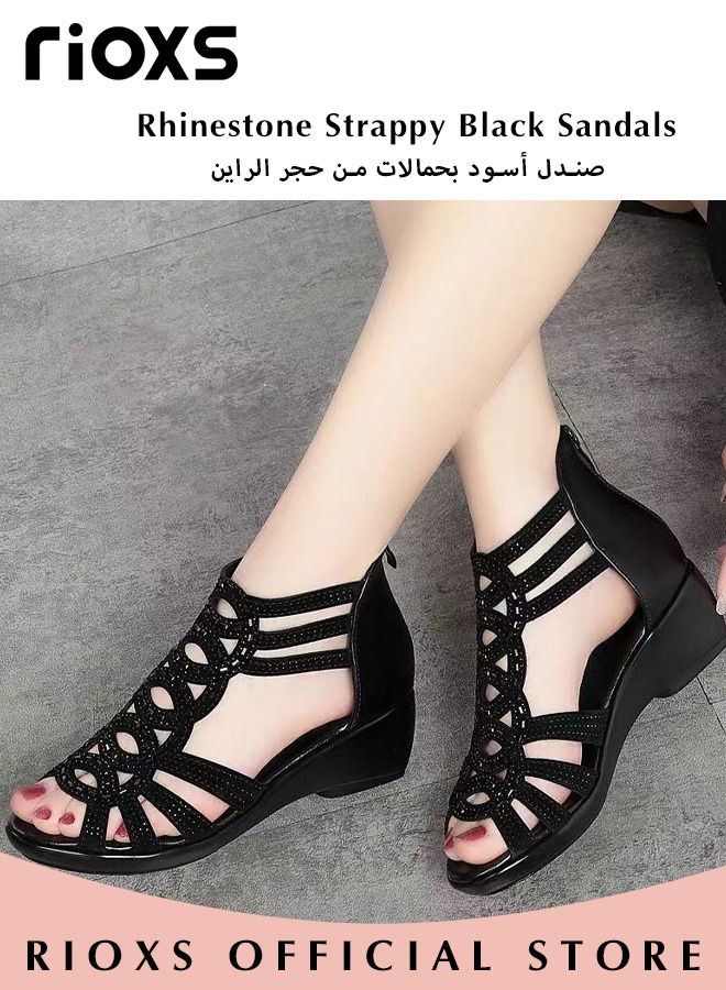 Women's Fashion Rhinestone Strappy Black Sandals, Fish Mouth Hollow Roman Shoes, Back Zipper Sandals with Soft PU Leather Upper and Non-Slip Outsole, Perfect for Casual Wear or Special Occasions