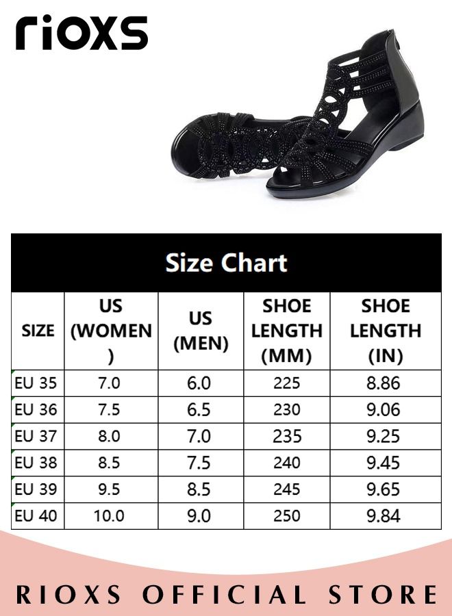 Women's Fashion Rhinestone Strappy Black Sandals, Fish Mouth Hollow Roman Shoes, Back Zipper Sandals with Soft PU Leather Upper and Non-Slip Outsole, Perfect for Casual Wear or Special Occasions