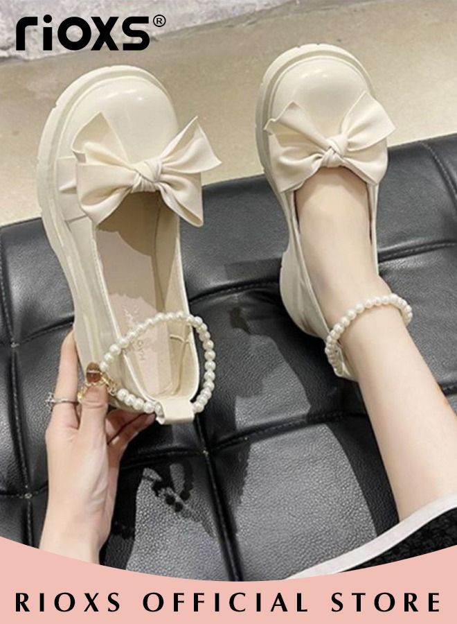 Women's Mid Block Heel Pumps Flat Mary Jane Shoes with Bow Pearl Strap Princess Wedding Party Dress Shoes