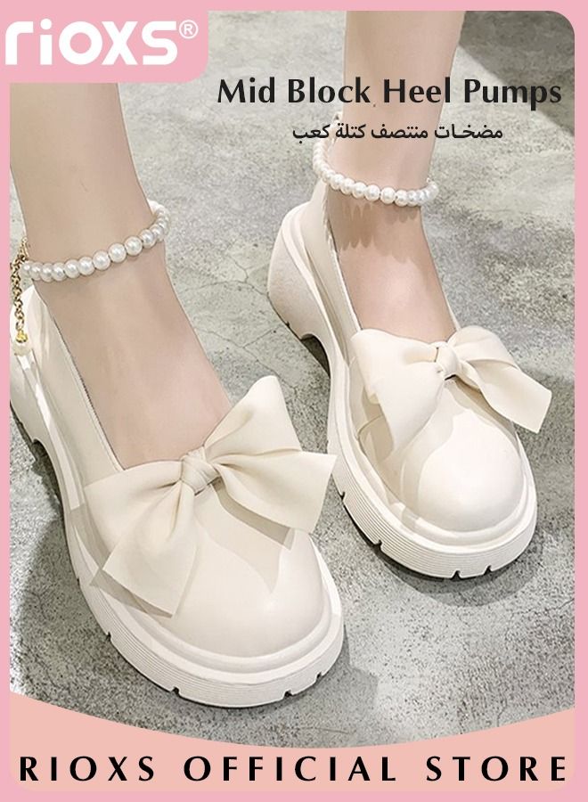 Women's Mid Block Heel Pumps Flat Mary Jane Shoes with Bow Pearl Strap Princess Wedding Party Dress Shoes