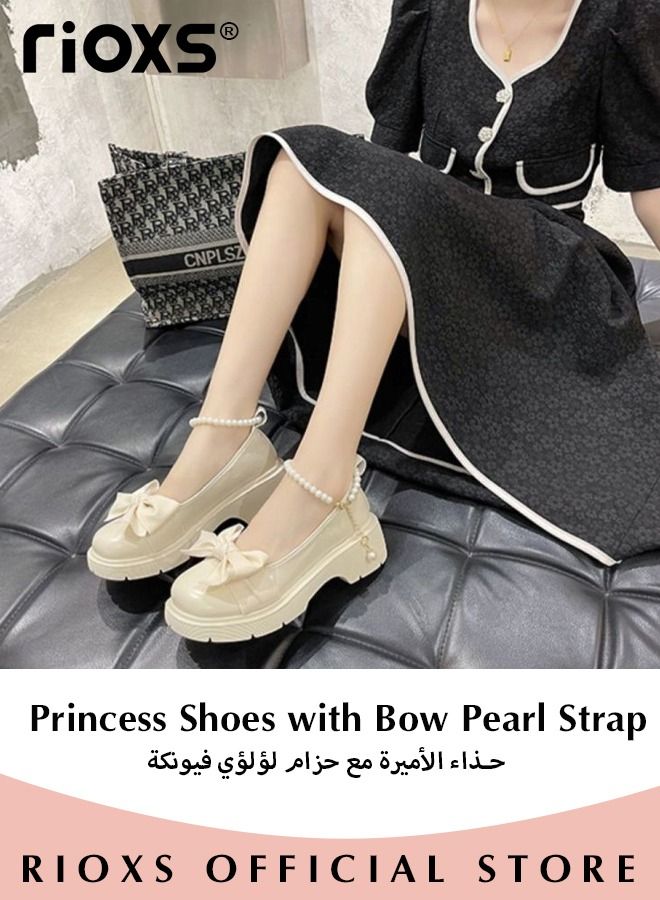 Women's Mid Block Heel Pumps Flat Mary Jane Shoes with Bow Pearl Strap Princess Wedding Party Dress Shoes