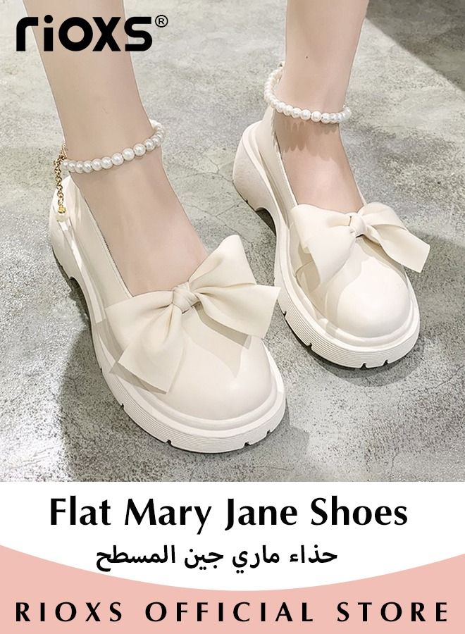 Women's Mid Block Heel Pumps Flat Mary Jane Shoes with Bow Pearl Strap Princess Wedding Party Dress Shoes