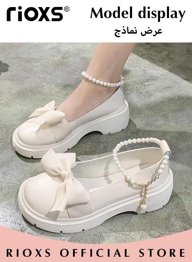 Women's Mid Block Heel Pumps Flat Mary Jane Shoes with Bow Pearl Strap Princess Wedding Party Dress Shoes