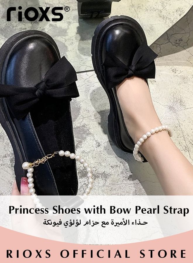 Women's Mid Block Heel Pumps Flat Mary Jane Shoes with Bow Pearl Strap Princess Wedding Party Dress Shoes