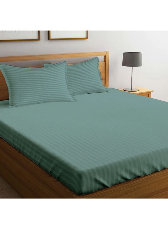 Tulip (Sea Green) King Size Fitted Sheet and Pillow Covers with 1 cm Satin Stripe (Set of 3 Pcs) 100% Cotton, Soft and Luxurious Hotel Quality Bed linen-300 TC