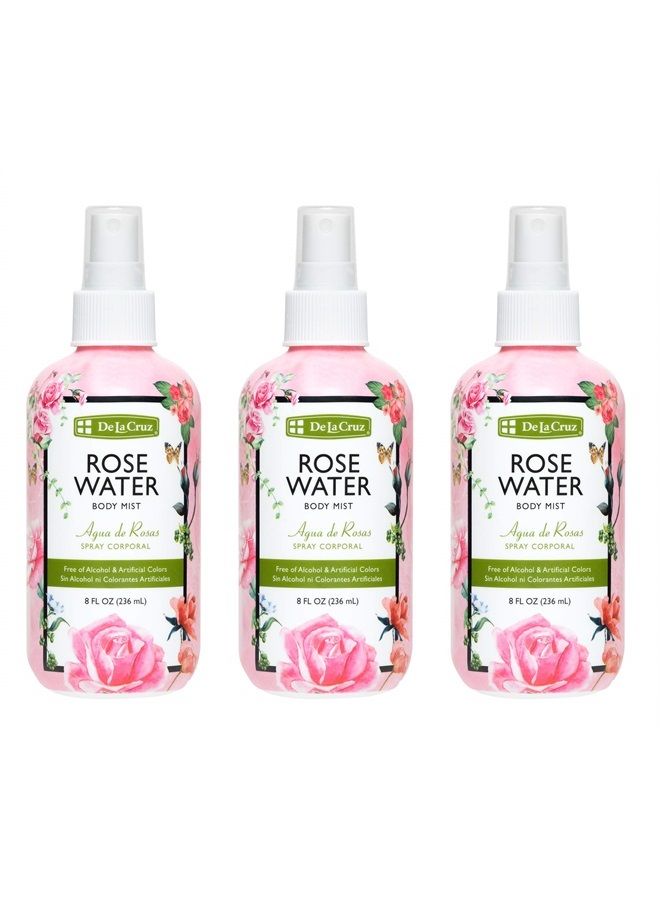 Rose Water Body Mist - Rosewater Spray for Face, Skin and Hair 8 fl oz (3 Bottles)