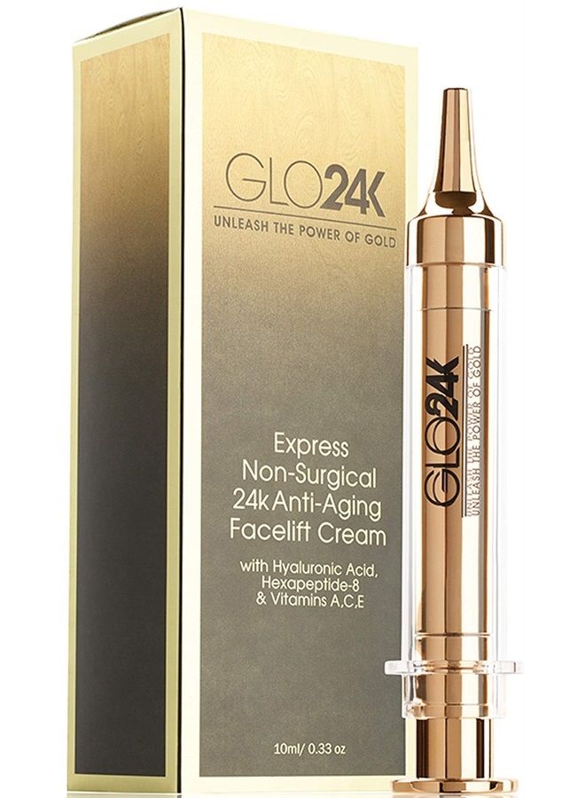 GLO24K Instant Facelift Cream with 24k Gold, Hyaluronic Acid, Peptides, and Vitamins, A,C,E. A powerful non-invasive alternative to injections.