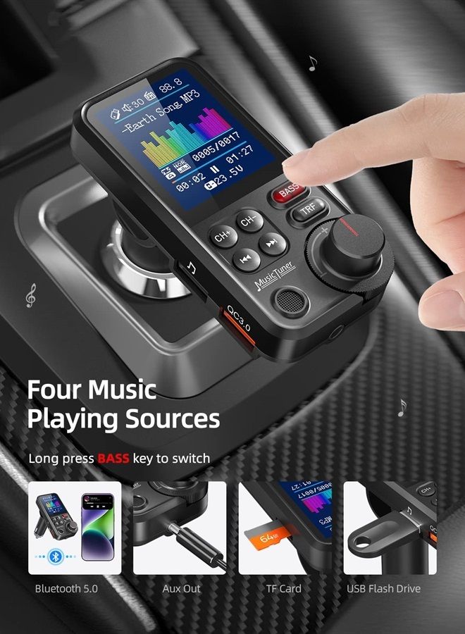 FM Bluetooth Transmitter for car, Strong Microphone Bluetooth Car Adapter with 1.8