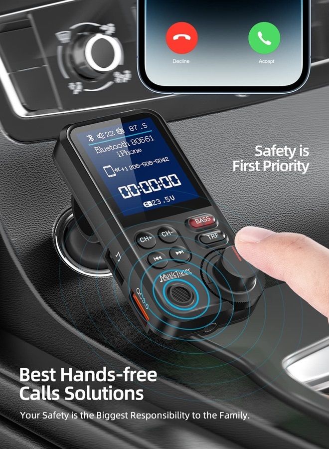FM Bluetooth Transmitter for car, Strong Microphone Bluetooth Car Adapter with 1.8