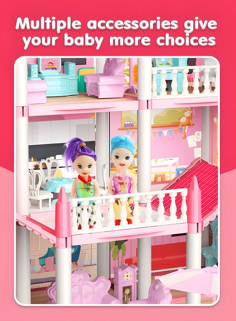 Dollhouse Dreamhouse Building Toys Figure Furniture, DIY House, Accessories, Pets & Dolls,Flashing Lights,Pink Play Dream House for Girls