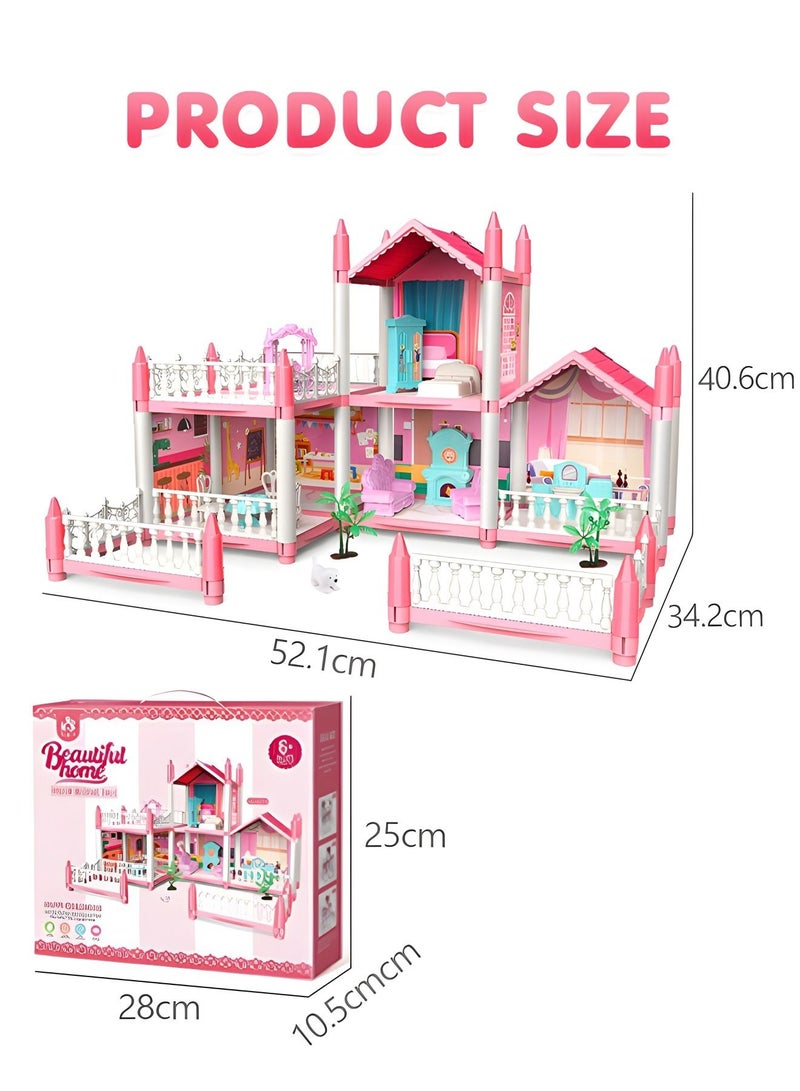 Dollhouse Dreamhouse Building Toys Figure Furniture, DIY House, Accessories, Pets & Dolls,Flashing Lights,Pink Play Dream House for Girls