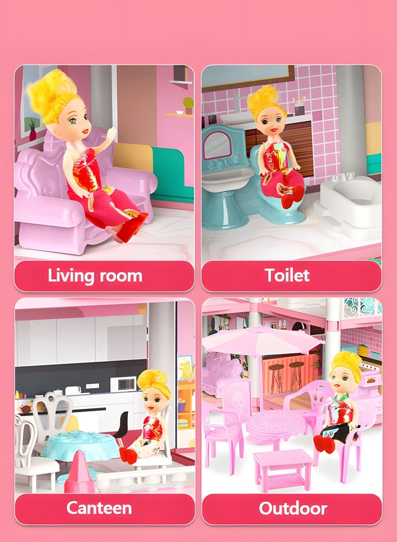 Dollhouse Dreamhouse Building Toys Figure Furniture, DIY House, Accessories, Pets & Dolls,Flashing Lights,Pink Play Dream House for Girls