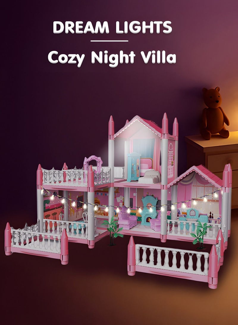 Dollhouse Dreamhouse Building Toys Figure Furniture, DIY House, Accessories, Pets & Dolls,Flashing Lights,Pink Play Dream House for Girls