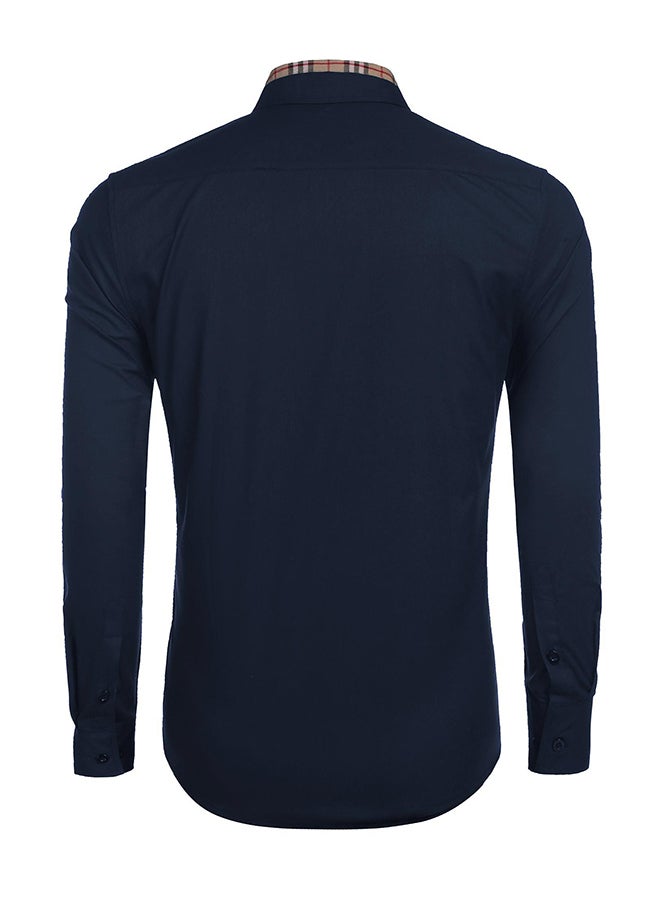 Men Fashion Turn Down Collar Long Sleeve Contrast Color Shirt Blue