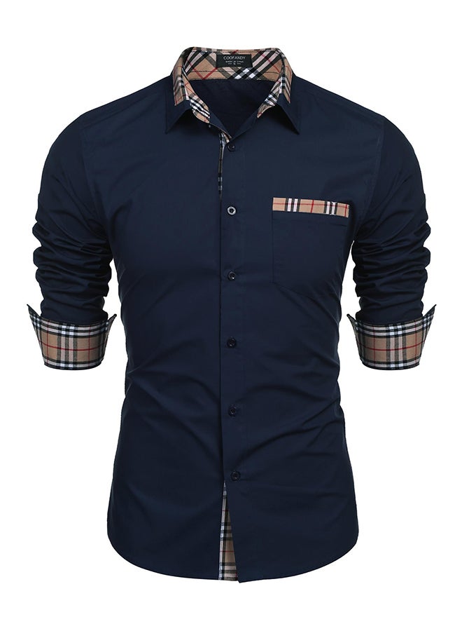 Men Fashion Turn Down Collar Long Sleeve Contrast Color Shirt Blue