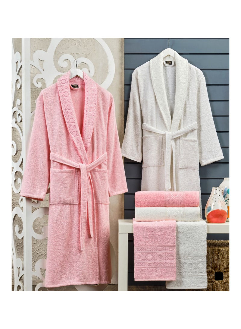 6-Piece Turkish Terry Cotton Jacquard Family Bathrobe Set 420 GSM with Matching Bath Towels and Hand Towels in Gift Box Sky Pink/Off White