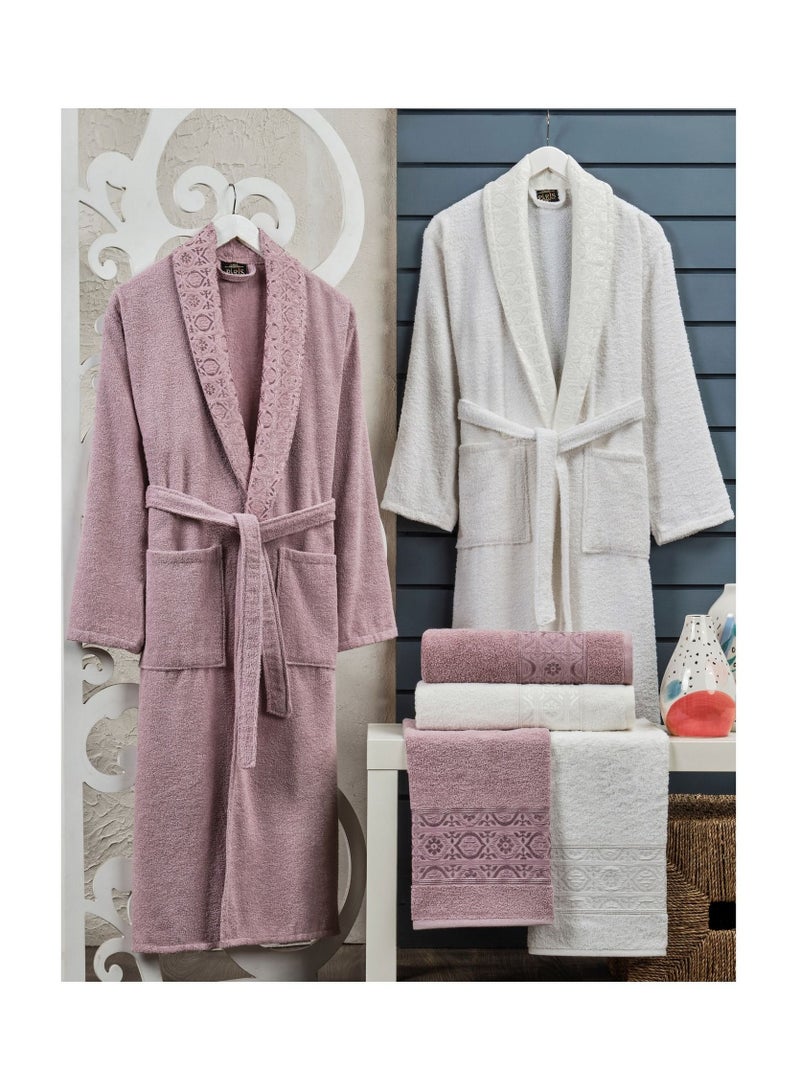 6-Piece Turkish Terry Cotton Jacquard Family Bathrobe Set 420 GSM with Matching Bath Towels and Hand Towels in Gift Box Purple/Off White