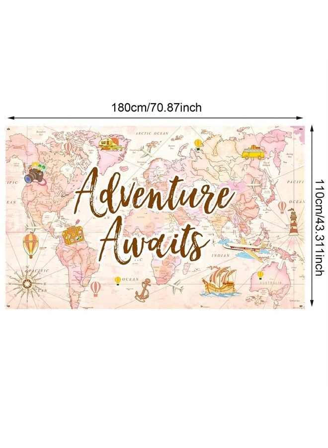 Travel Themed Party Decorations Supplies Adventure Awaits Bon Voyage Backdrop Adventure Map Backdrop for Graduation Birthday Party Baby Shower Photo Booth Pink, 70.8 x 43.3 Inch