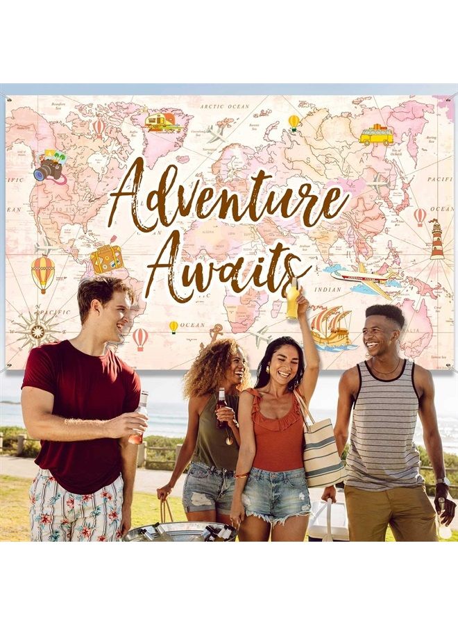 Travel Themed Party Decorations Supplies Adventure Awaits Bon Voyage Backdrop Adventure Map Backdrop for Graduation Birthday Party Baby Shower Photo Booth Pink, 70.8 x 43.3 Inch