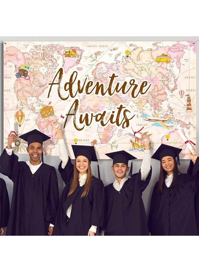 Travel Themed Party Decorations Supplies Adventure Awaits Bon Voyage Backdrop Adventure Map Backdrop for Graduation Birthday Party Baby Shower Photo Booth Pink, 70.8 x 43.3 Inch