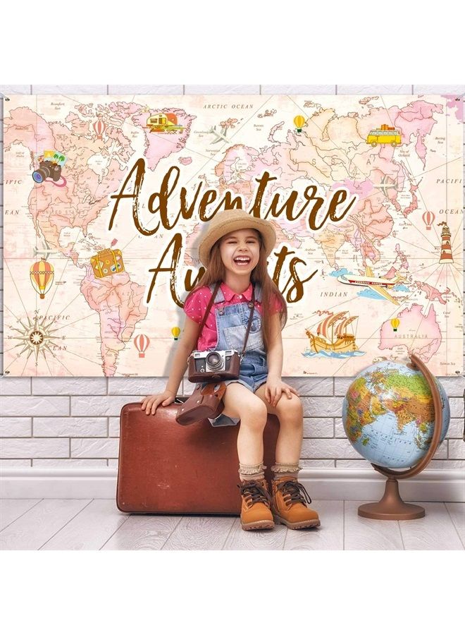 Travel Themed Party Decorations Supplies Adventure Awaits Bon Voyage Backdrop Adventure Map Backdrop for Graduation Birthday Party Baby Shower Photo Booth Pink, 70.8 x 43.3 Inch