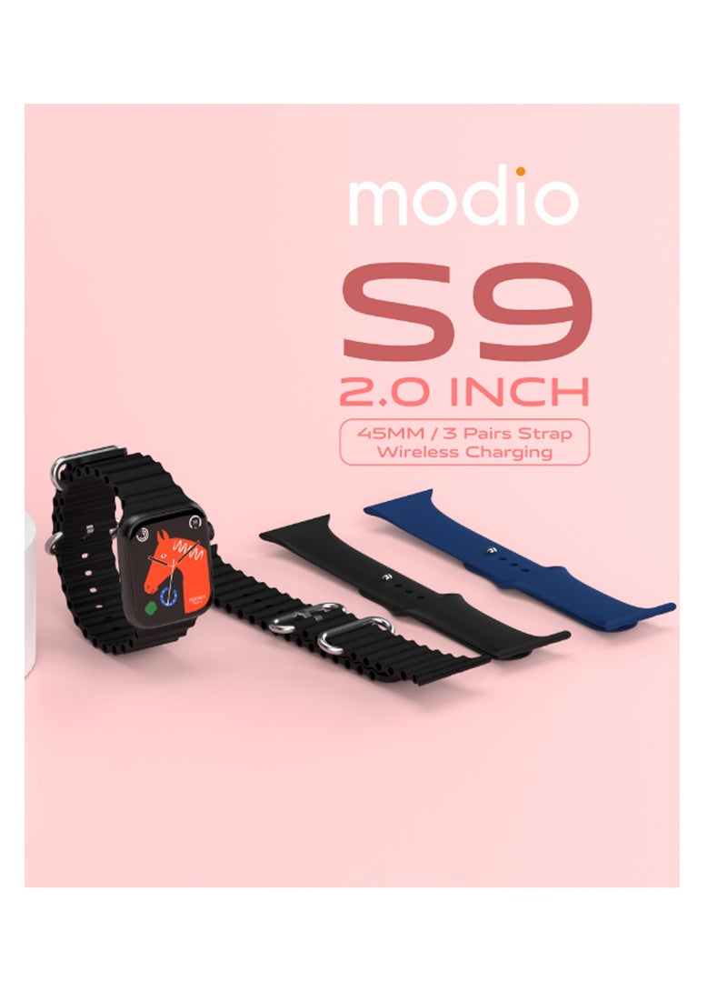 Modio S9 Smart Watch 2.0 Inch HD Display with Three Set Strap and Wireless Charger For Men's and Women's Black