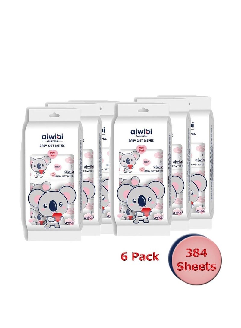 Portable mini Pack Baby Wet Wipes Soft Care Anti Bacterial 100% Soap Free 6x64 Sheets - 6Pack