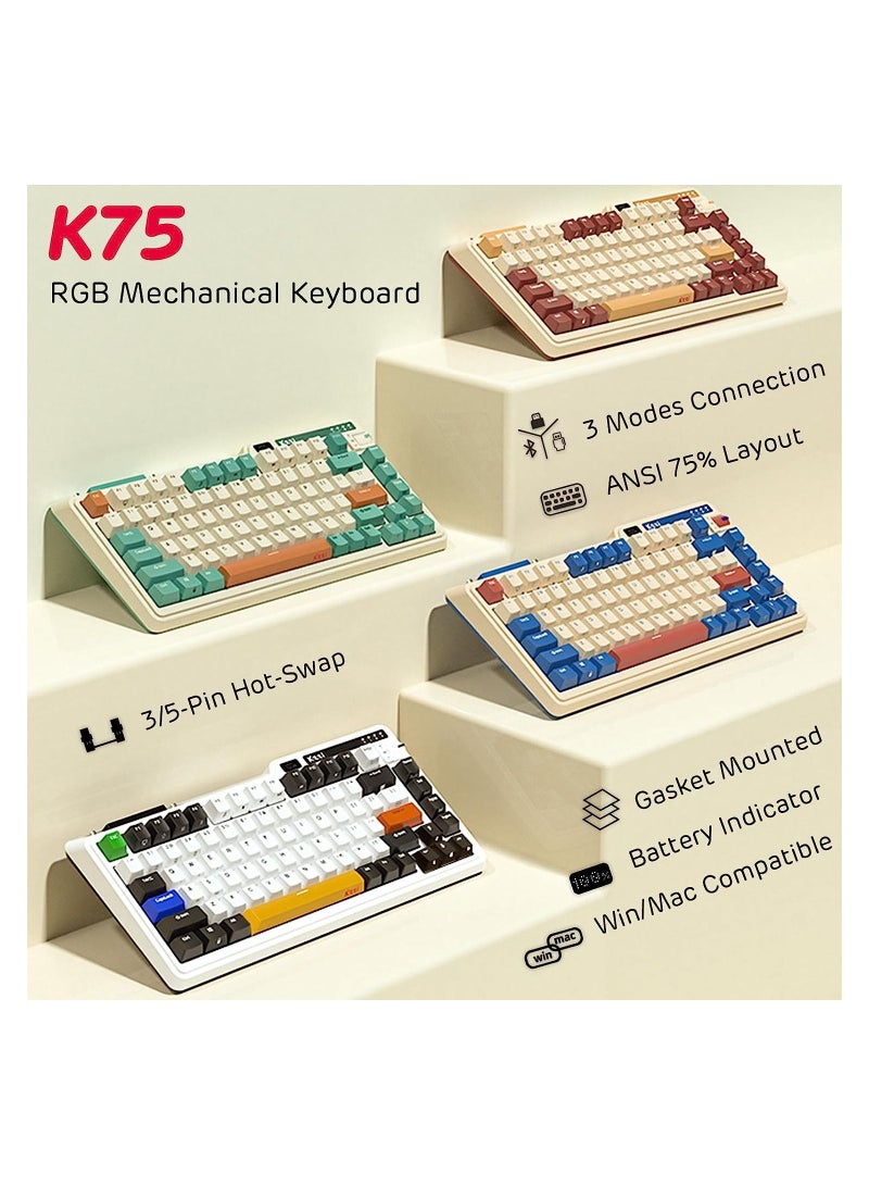 K75 PRO Rhine River RGB 75% Wireless Gasket Tri-Mode Connectable Mechanical Keyboard, 82 Keys Hot Swappable Gaming Keyboard with Knob and Power Display, Custom Tactile Switches